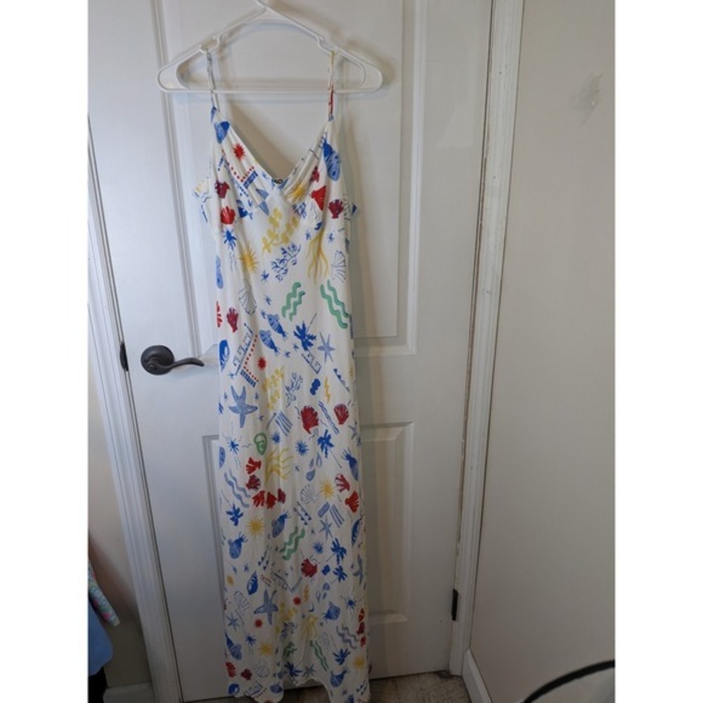 SO Womens XL Nautical Print Maxi Dress White Colorful Shells Fish V-Neck Summer